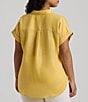 Color:Primrose Yellow - Image 2 - Plus Size Point Collar Short Sleeve Linen Shirt