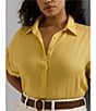 Color:Primrose Yellow - Image 3 - Plus Size Point Collar Short Sleeve Linen Shirt