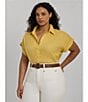 Color:Primrose Yellow - Image 5 - Plus Size Point Collar Short Sleeve Linen Shirt