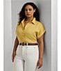 Color:Primrose Yellow - Image 6 - Plus Size Point Collar Short Sleeve Linen Shirt