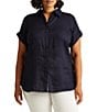 Color:Lauren Navy - Image 1 - Plus Size Point Collar Short Sleeve Linen Shirt