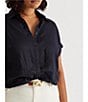 Color:Lauren Navy - Image 5 - Plus Size Point Collar Short Sleeve Linen Shirt