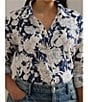 Lauren Ralph Lauren Plus Size Linen Floral Point Collar Long Roll-Tab Sleeve Button-Front Shirt, Color:White/Navy - Image 4