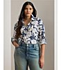 Lauren Ralph Lauren Plus Size Linen Floral Point Collar Long Roll-Tab Sleeve Button-Front Shirt, Color:White/Navy - Image 5