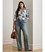Lauren Ralph Lauren Plus Size Linen Floral Point Collar Long Roll-Tab Sleeve Button-Front Shirt, Color:White/Navy - Image 6