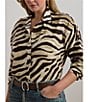 Lauren Ralph Lauren Plus Size Linen Zebra Print Point Collar Long Sleeve Button-Front Shirt, Color:Cream/Brown - Image 4