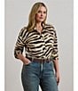 Lauren Ralph Lauren Plus Size Linen Zebra Print Point Collar Long Sleeve Button-Front Shirt, Color:Cream/Brown - Image 5