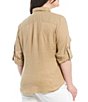 Color:Spring Khaki - Image 2 - Plus Size Point Collar Long Roll-Tab Sleeve Button Front Linen Shirt
