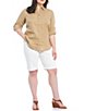 Color:Spring Khaki - Image 3 - Plus Size Point Collar Long Roll-Tab Sleeve Button Front Linen Shirt