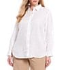 Color:White - Image 1 - Plus Size Point Collar Long Roll-Tab Sleeve Button Front Linen Shirt