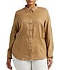 Color:Spring Khaki - Image 1 - Plus Size Point Collar Long Roll-Tab Sleeve Button Front Linen Shirt