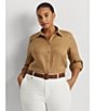 Color:Spring Khaki - Image 4 - Plus Size Point Collar Long Roll-Tab Sleeve Button Front Linen Shirt