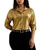 Lauren Ralph Lauren Plus Size Metallic Chiffon Point Collar Long Sleeve Button-Front Shirt, Color:Relic Gold/Gold Foil - Image 1
