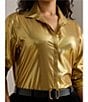 Lauren Ralph Lauren Plus Size Metallic Chiffon Point Collar Long Sleeve Button-Front Shirt, Color:Relic Gold/Gold Foil - Image 4