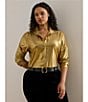 Lauren Ralph Lauren Plus Size Metallic Chiffon Point Collar Long Sleeve Button-Front Shirt, Color:Relic Gold/Gold Foil - Image 5