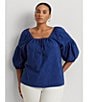 Color:Indigo Sail - Image 4 - Plus Size Paisley Cotton Jacquard Tassel Tie Square Neck 3/4 Sleeve Blouse