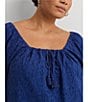 Color:Indigo Sail - Image 6 - Plus Size Paisley Cotton Jacquard Tassel Tie Square Neck 3/4 Sleeve Blouse