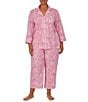 Color:Pink Paisley - Image 1 - Plus Size Paisley Print Notch Collar 3/4 Sleeve Capri Pajama Set