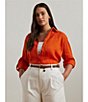 Lauren Ralph Lauren Plus Size Point Collar Long Roll-Tab Sleeve Button Front Linen Shirt, Color:Orange Lily - Image 5