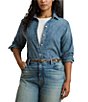 Lauren Ralph Lauren Plus Size Point Collar Long Sleeve Button-Front Shirt, Color:Odwin Wash - Image 1