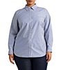 Color:Blue/White - Image 1 - Plus Size Easy Care Striped Print Point Collar Shirttail Hem Long Sleeve Shirt