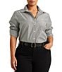 Color:Black/White - Image 1 - Plus Size Easy Care Striped Print Point Collar Shirttail Hem Long Sleeve Shirt