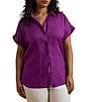 Lauren Ralph Lauren Plus Size Relaxed Fit Point Collar Short Sleeve Linen Shirt, Color:Purple Dawn - Image 1