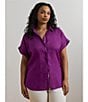 Lauren Ralph Lauren Plus Size Relaxed Fit Point Collar Short Sleeve Linen Shirt, Color:Purple Dawn - Image 4