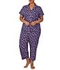 Color:Multi Floral - Image 1 - Plus Size Short Sleeve Notch Collar Jersey Knit Multi Floral Cropped Pant Pajama Set