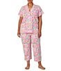 Color:Multi Floral - Image 1 - Plus Size Short Sleeve Notch Collar Knit Floral Capri Pajama Set