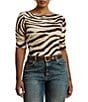 Lauren Ralph Lauren Plus Size Stretch Cotton Zebra Boat Neck Elbow Sleeve Tee, Color:Cream/Brown - Image 1