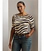 Lauren Ralph Lauren Plus Size Stretch Cotton Zebra Boat Neck Elbow Sleeve Tee, Color:Cream/Brown - Image 4