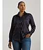 Lauren Ralph Lauren Plus Size Striped Glossy Satin Charmeuse Point Collar Long Sleeve Button Front Shirt, Color:Navy/Cream/Garnet - Image 4