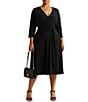Color:Black - Image 1 - Plus Size Surplice V-Neck 3/4 Sleeve Matte Jersey A-Line Midi Dress
