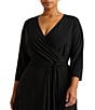 Color:Black - Image 3 - Plus Size Surplice V-Neck 3/4 Sleeve Matte Jersey A-Line Midi Dress