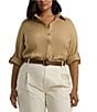 Lauren Ralph Lauren Plus Size Woven Point Collar Long Roll-Tab Sleeve Button-Front Shirt, Color:Birch Tan - Image 1