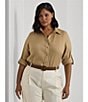 Lauren Ralph Lauren Plus Size Woven Point Collar Long Roll-Tab Sleeve Button-Front Shirt, Color:Birch Tan - Image 5