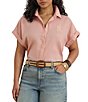 Lauren Ralph Lauren Plus Size Woven Point Collar Short Roll Cuff Sleeve Button-Front Shirt - Image 1