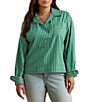 Lauren Ralph Lauren Plus Size Yarn-Dyed Cotton Broadcloth Stripe Spread Collar Long Sleeve Boxy Shirt, Color:Green/White Multi - Image 1
