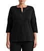 Lauren Ralph Lauren Plus Size Split V-Neck 3/4 Sleeve Woven Trim Knit Top - Image 4