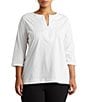 Lauren Ralph Lauren Plus Size Split V-Neck 3/4 Sleeve Woven Trim Knit Top - Image 1