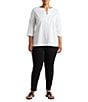 Lauren Ralph Lauren Plus Size Split V-Neck 3/4 Sleeve Woven Trim Knit Top - Image 3