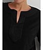 Color:Black - Image 4 - Plus Size Split Round Neck 3/4 Sleeve Woven Trim Knit Top