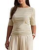 Lauren Ralph Lauren Plus Size Stretch Knit Stripe Boat Neck Short Sleeve Tee Shirt - Image 1