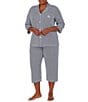 Color:Navy White Stripe - Image 1 - Plus Size Striped Print Notch Collar 3/4 Sleeve Button Front Jersey Knit Capri Pajama Set