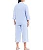 Color:Blue Stripe - Image 2 - Plus Size Striped Print Notch Collar 3/4 Sleeve Button Front Jersey Knit Capri Pajama Set