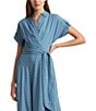 Color:Blue - Image 3 - Polka-Dot Spread Collar Short Sleeve Tie Waist Midi Dress
