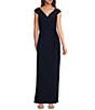 Lauren Ralph Lauren Portrait Collar Cap Sleeve Crepe Sheath Gown, Color:Navy - Image 1