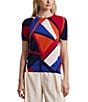 Lauren Ralph Lauren Printed Ribbed Crew Neck Short Sleeve Sweater, Color:Blue Multi - Image 1