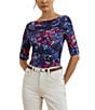 Lauren Ralph Lauren Printed Stretch Cotton Boat Neck Elbow Sleeve T-Shirt, Color:Blue Multi - Image 1